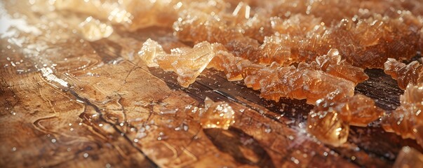 Obraz premium Close-up of Shiny Brown Crystal Formations on Wooden Surface