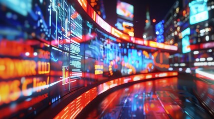 Obraz premium Futuristic cityscape with vibrant digital screens and neon lights depicting a high-tech and dynamic urban environment at night.