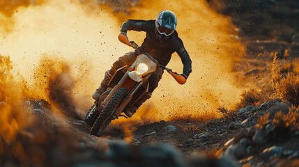 Dirt biker riding through dusty terrain in action