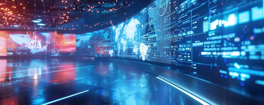 Futuristic digital display in modern control room with large vibrant screens and technology interface, showcasing global connectivity.