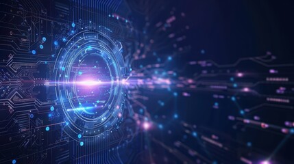 Obraz premium Futuristic digital technology background with vibrant neon lights, abstract interface, and glowing network connections.