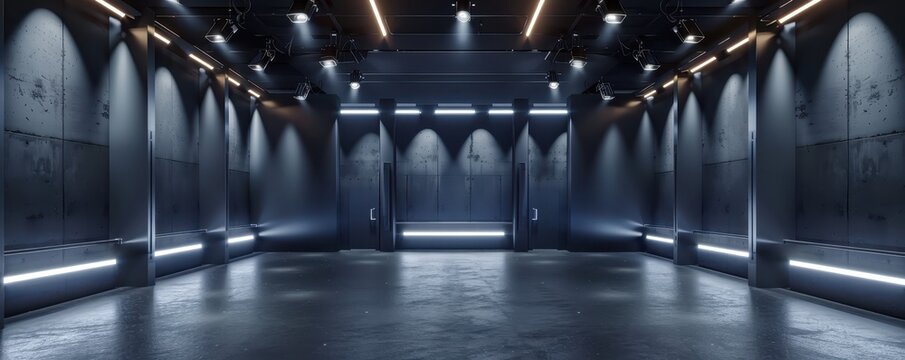 Futuristic industrial warehouse with dark lighting and high ceilings, giving a modern and stylish vibe, perfect for various uses.