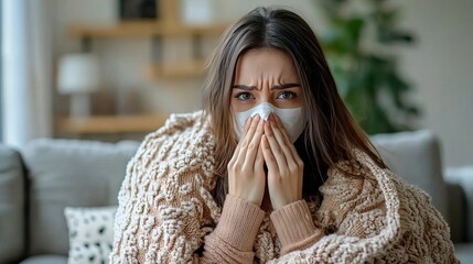 Woman wrapped in a blanket, sneezing into a tissue while feeling unwell