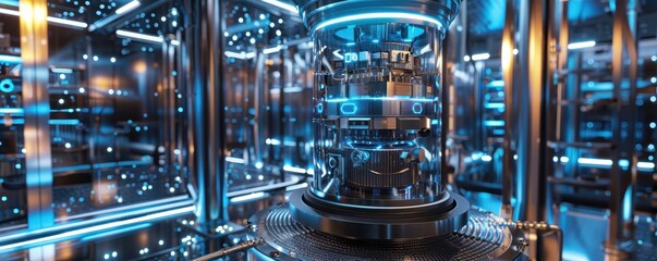 Futuristic technology room with advanced machinery and bright neon lights, showcasing a high-tech and modern industrial environment.