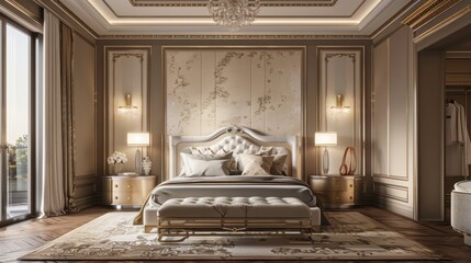 Luxury bedroom with elegant decor, plush bedding, stylish lighting, and ornate wall paneling showcasing opulence and sophistication.