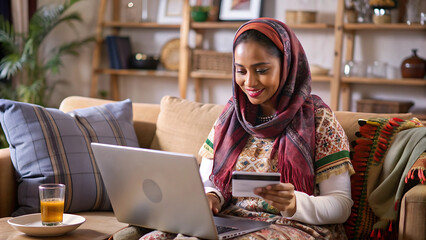 Ethnic woman shopping online at home. using laptop for paying bill. online shopping concept. 
