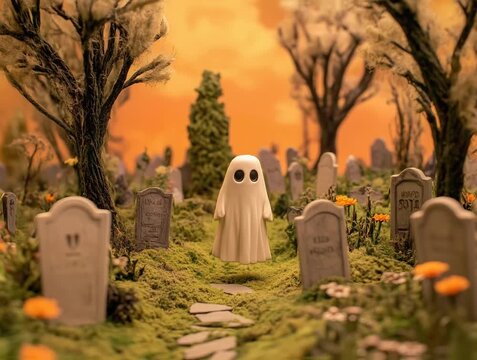 A claymation scene of a ghost in a graveyard, a slow zoom camera movement through a cute spooky halloween miniature cemetery haunted by a spirit