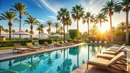 Fototapeta premium Luxury hotel poolside featuring palm trees and sun loungers, luxury, hotel, poolside, palm trees, sun loungers