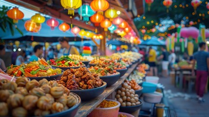 Colorful cultural festival with food stalls featuring traditional dishes, vibrant decorations, and people enjoying diverse cuisines