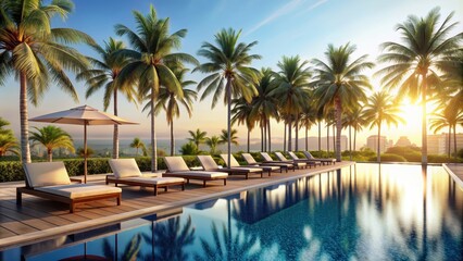 Luxury hotel poolside with palm trees and sun loungers, luxury, hotel, poolside, palm trees, sun loungers, relaxation