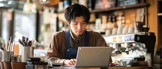 Obraz premium Japanese man working on a laptop in a modern coffee shop creative workspace productivity