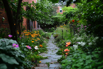 Obraz premium Lush Garden Pathways Blooming Through the Cityscape: A Visual Tour