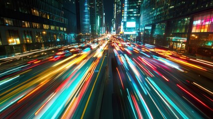 Obraz premium Dynamic time-lapse of urban life illustrating fast-paced movements and colorful lights