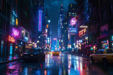 Repeat Radiance: Neon Nights in a Bustling Metropolis Street Panorama