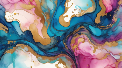 Vibrant Abstract: Swirling Blues, Pinks, and Golds in Dynamic Fluid Forms with Intricate Marbling and Subtle Shimmer, Capturing Organic Movement on Yupo Canvas