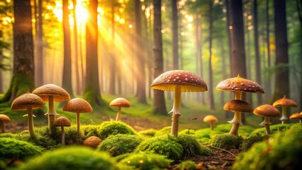 Fototapeta premium Tranquil scene of mushrooms in a lush forest setting, mushrooms, forest, peaceful, nature, growth, foliage, tranquility