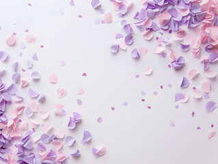Obraz premium A white background with purple and pink flowers scattered all over it. The flowers are in different sizes and shapes, creating a sense of movement and liveliness. Scene is cheerful and vibrant