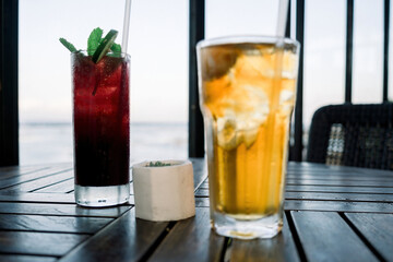 photo of two drinks at a beach cafe in Bal