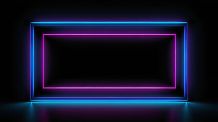 Neon glowing frame on dark wall Pink and blue glowing border with empty space