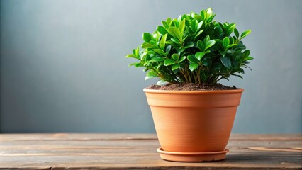 Fototapeta premium Lush green potted plant with vibrant foliage and soil in terracotta pot , Botanical, Indoor plant, Greenery, Nature