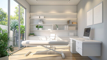 Modern white office interior with a desk, table, chair and plants in the sunlit room. Generative Ai