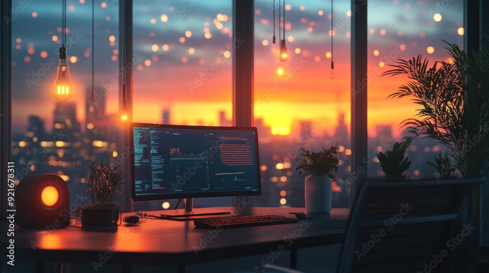 Wall mural modern workspace with a computer displaying analytics, set against a vibrant sunset over the city. t