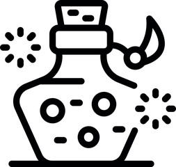 Line drawing of a corked glass jar with a horn containing a bubbling magic potion, for use in a fantasy game