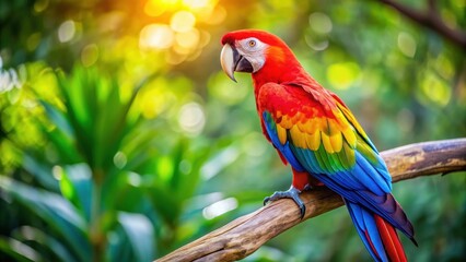Obraz premium Vibrant and colorful macaw parrot perched on a tree branch , wildlife, exotic bird, tropical, feathers, vibrant, colorful, parrot