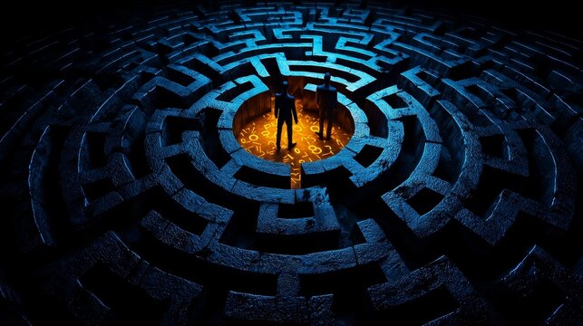 A dark & gothic themed image symbolizing financial risk management, with shadowy figures navigating through complex financial mazes.