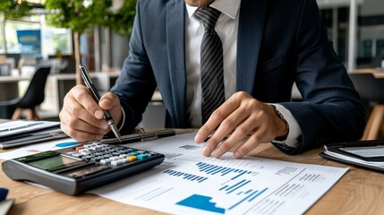 A detailed photo of a financial advisor working on tax planning for a client, with calculators and documents in view.