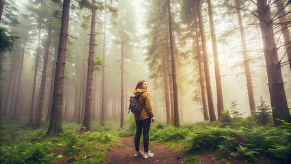 Full body side view of young female traveler with backpack standing in forest with tall coniferous trees on misty day

