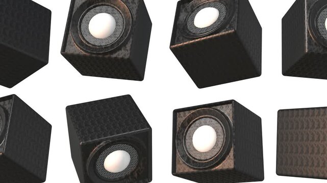 3D Speakers Falling on a White Background. Loudspeaker 3D Icon. Sound System. 4K