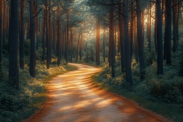 Obraz premium Bicycle path winding through a pine forest, inviting and serene