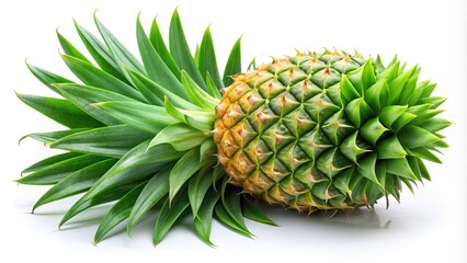 Fresh green pineapple leaf with prickly edges and vibrant tropical colors, isolated on a white background, symbolizing summer, warmth, and exotic destinations.