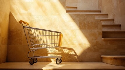 a supermarket grocery cart with a plastic handle, isolated against a beige background, with stairs beside it. Ideal for shopping concept ads.