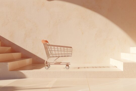 a supermarket grocery cart with a plastic handle, isolated against a beige background, with stairs beside it. Ideal for shopping concept ads.