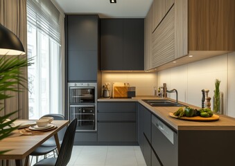 Fototapeta premium Modern Kitchen Interior with Sleek Design and Wooden Accents