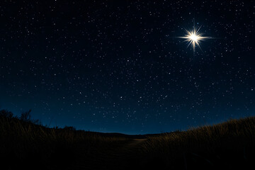 A star is shining brightly in the night sky. The star is surrounded by a dark sky with many stars. The scene is peaceful and serene