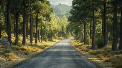 Obraz premium Empty road lined with towering pine trees, peaceful and isolated