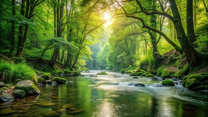 River flowing peacefully through a dense forest , nature, landscape, water, stream, trees, greenery, tranquility