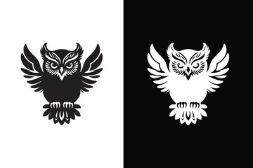 Owl icon illustration, owl logo design, vector. owl bird vector symbol black white background.