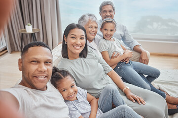 Portrait, big family and selfie of parents with kids for love, care or sisters bonding together. Grandparents, mother and happy father with children in lounge for pov picture of generation in home