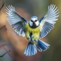 Blue tit (Parus caeruleus) in flight to the feeding station, North Rhine-Westphalia, Germany, Europe