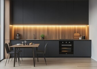 Modern Kitchen Interior with Sleek Design and Wooden Accents