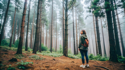 Full body side view of young female traveler with backpack standing in forest with tall coniferous trees on misty day
