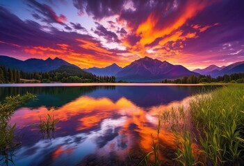 Fototapeta premium breathtaking landscapes showcasing vibrant sunset reflections over majestic mountains serene lakes, captivating, colorsplash, cloudscape, clouds, dusk