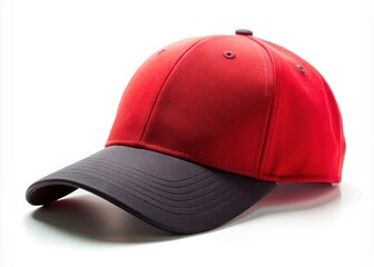 Fototapeta premium Isolated close-up of a red and black baseball cap with a clean, crisp design, placed against a pure white background, highlighting its bold colors.