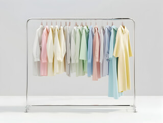 A rack of clothes is hanging on a metal rod. The clothes are of various colors and styles, including a yellow dress. Concept of organization and order, as the clothes are neatly hung on the rack