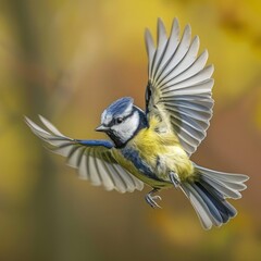 Obraz premium Blue tit (Parus caeruleus) in flight to the feeding station, North Rhine-Westphalia, Germany, Europe