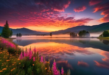 Fototapeta premium stunning dawn landscapes unveiled first light showcasing vibrant colors natural beauty, sunrise, nature, scenery, sky, clouds, mountains, valleys, rivers